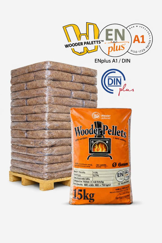 1 Paletten 15 kg Premium Holzpellets, ENplus A1/DINplus zertifiziert, 6 mm, Wooder 77x 15 kg 1155